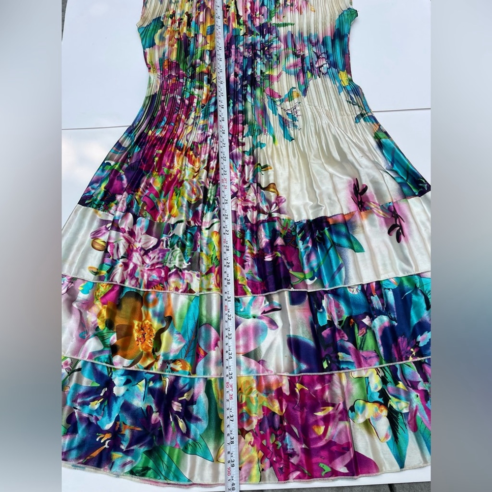 Floral Multicolor Pleated Dress Art-to-Wear Watercolor - Picture 3 of 7